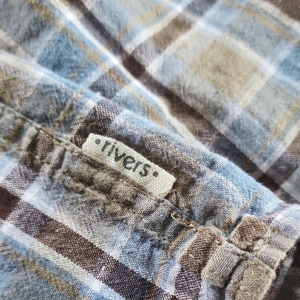 Rivers Linen Blend Button Down Shirt Men Large Blue Brown Plaid Casual Summer - Picture 7 of 7